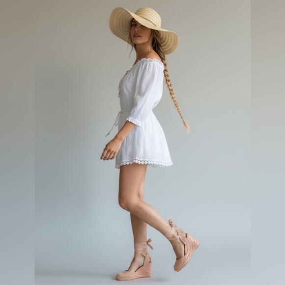 Zimmermann White Swiss Dot Cotton Romper Off Shoulder Tie Waist Size 8 M fits S - Picture 3 of 12